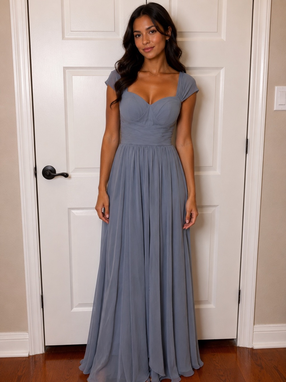 Elegant Dusty Blue Off-Shoulder Chiffon Maxi Dress
